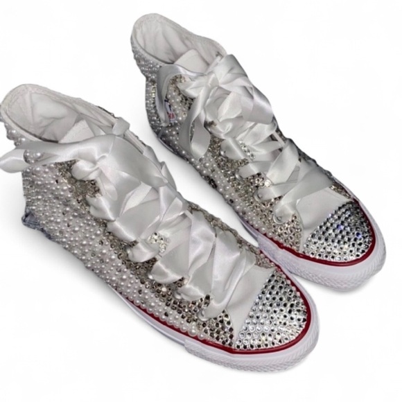 Crystals Diamond & Pearls High Top Converse Sizes 5-14 New With Ribbon Laces - Picture 4 of 15
